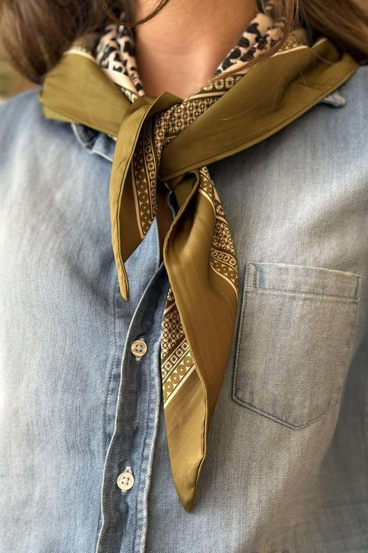 Leopard & Tile Border Triangle Silk Neckerchief Olive